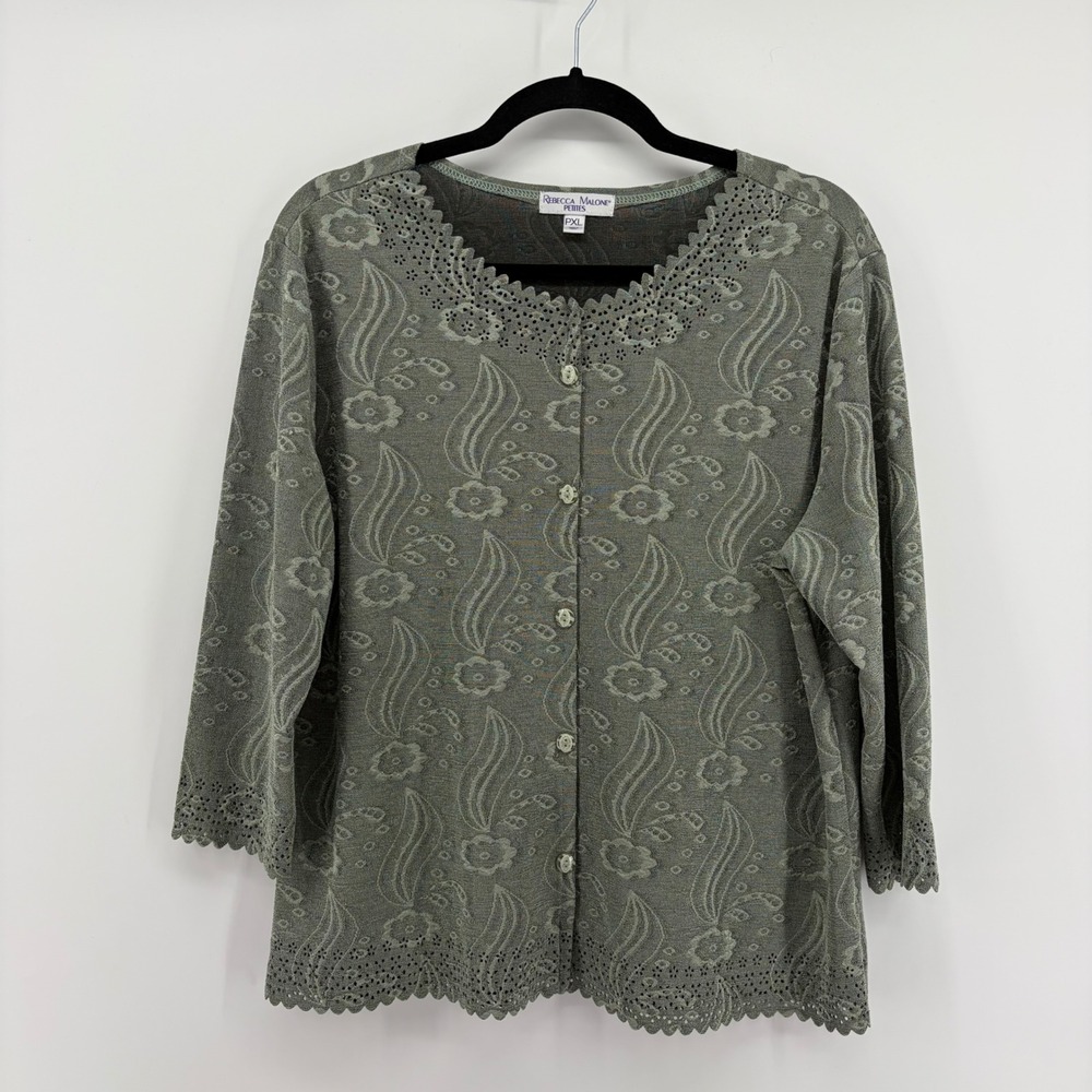 Rebecca Malone Petites Green‎ Paisley Floral Eyelet Trim Cardigan Top PXL